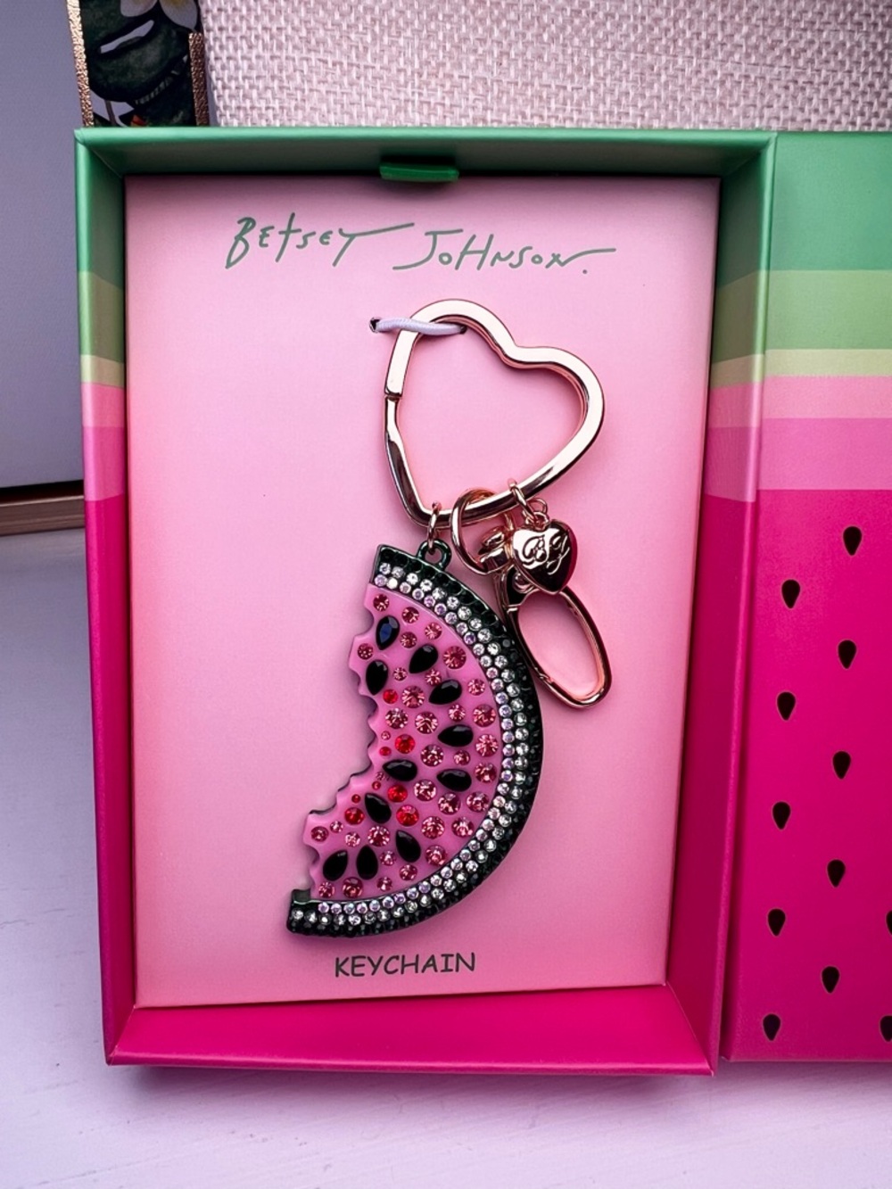 Betsey Johnson Crystal Watermelon Keychain Pink and Gold